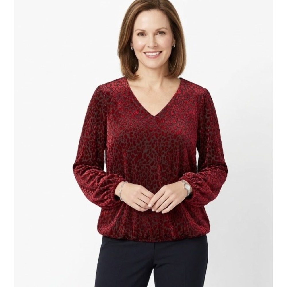 JM Collection Large Velvet Burnt-out V Neck Leopard Cut out Shoulder Top Evening